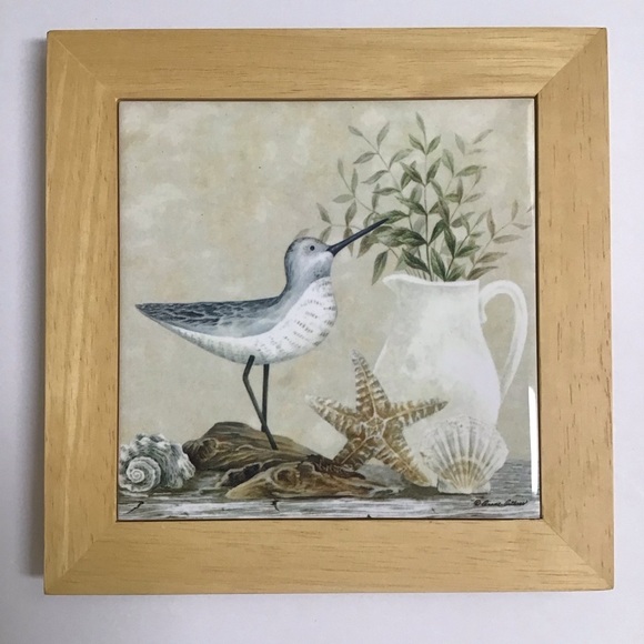 Vintage Diane Arthurs Framed Ceramic Tile Trivet Sandpiper Shells 8x8” Wall Art - Picture 1 of 14